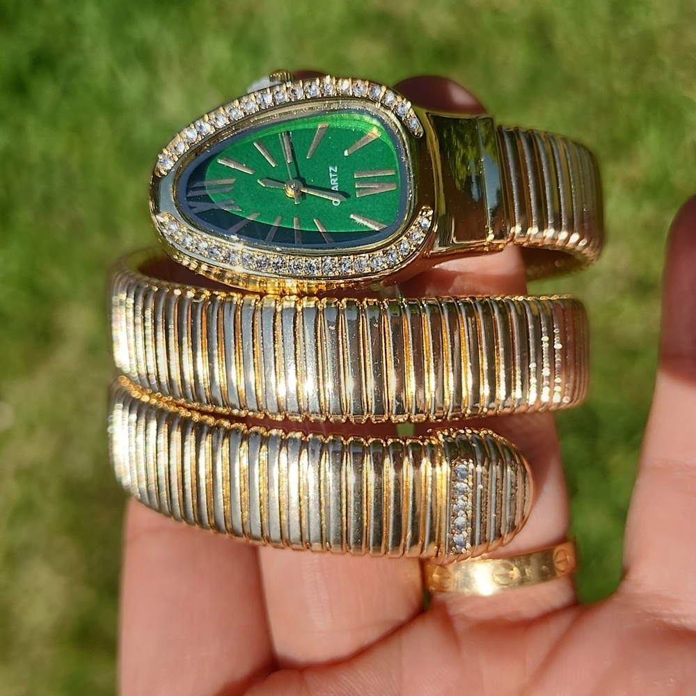 Gold And Green Watch With Crystal Accents